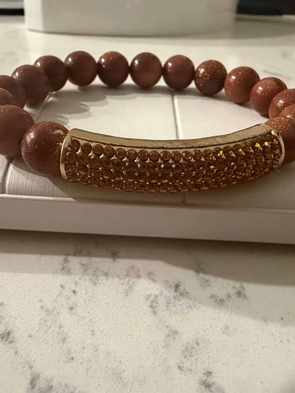 Goldstone Beaded Stretch Bracelet with Gold Pave Bar